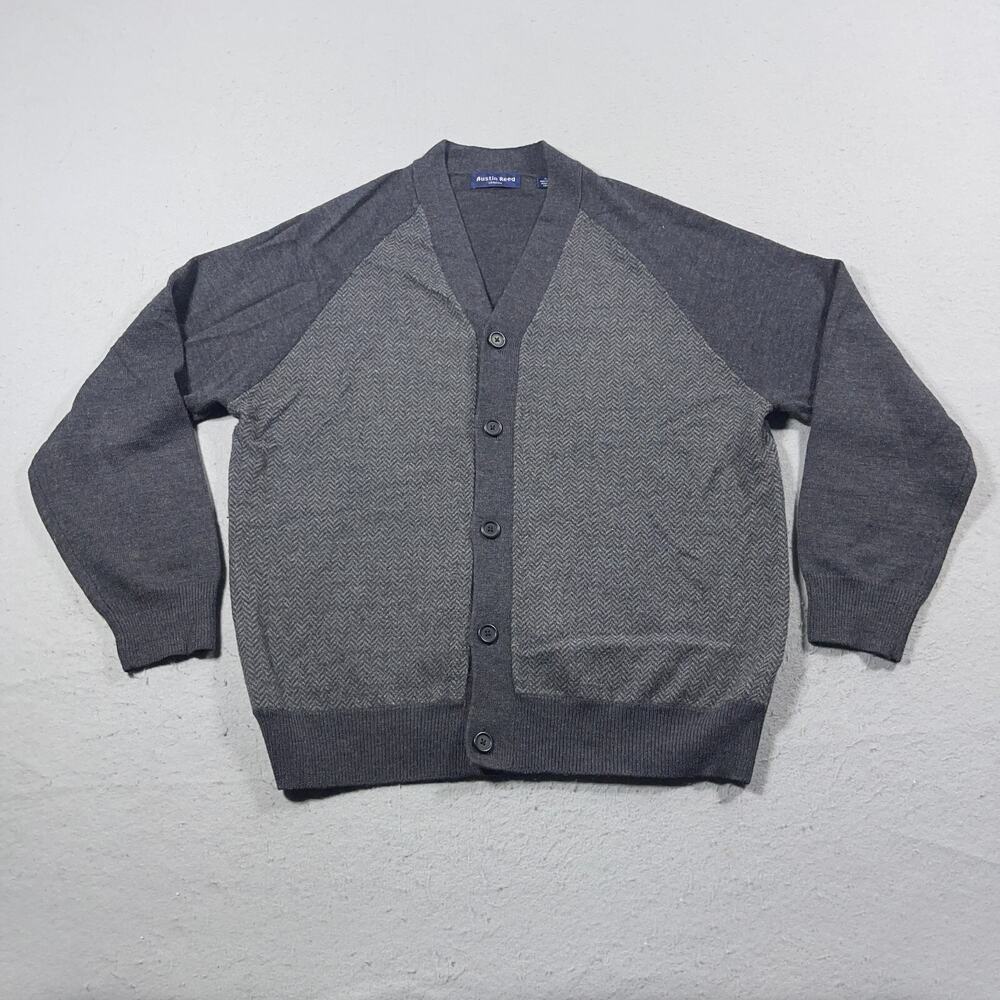Austin Reed Cardigan Men L Gray‎ Button Front Wool V-Neck Knit Sweater Preppy